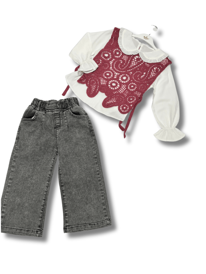 BURÇ BEBE Dantel Süveterli Üçlü Takım