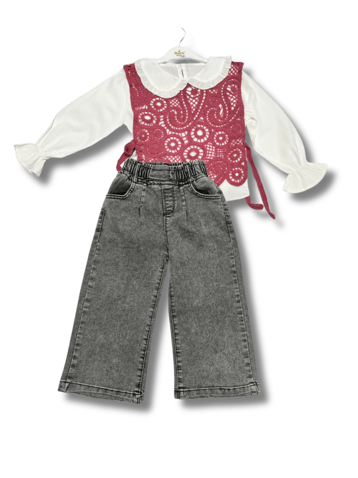 BURÇ BEBE Dantel Süveterli Üçlü Takım