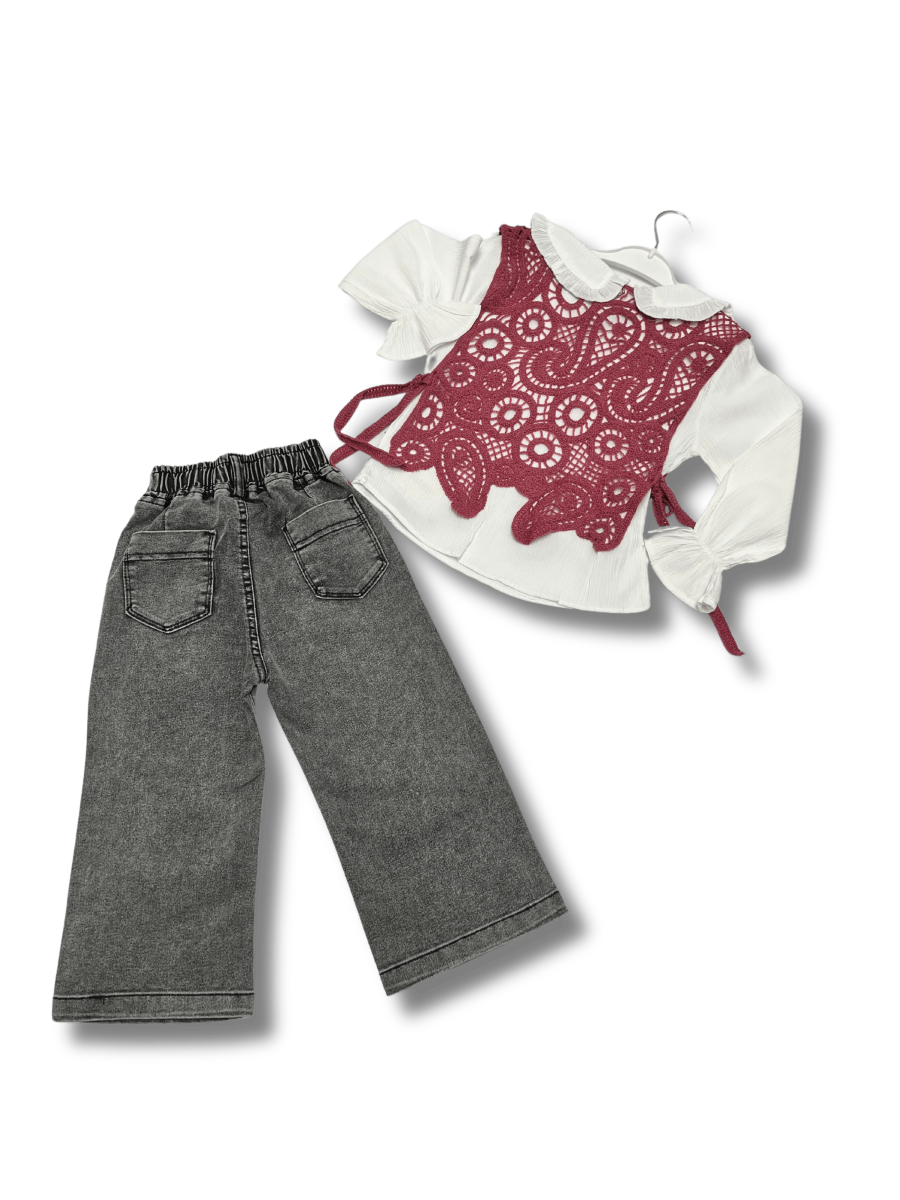 BURÇ BEBE Dantel Süveterli Üçlü Takım