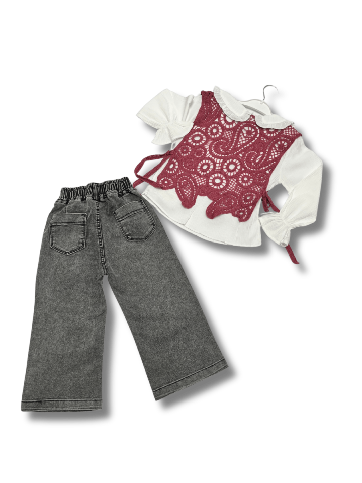 BURÇ BEBE Dantel Süveterli Üçlü Takım